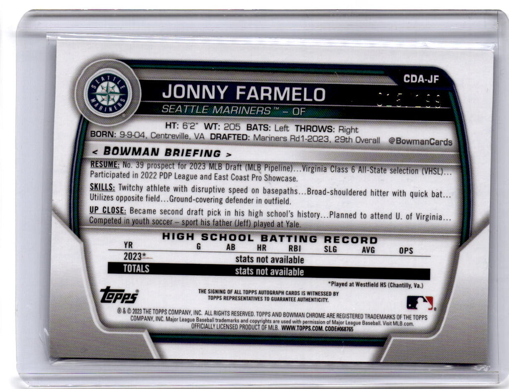 2023 Bowman Draft Jonny Farmelo Chrome Prospect Autographs Aqua Lava /199