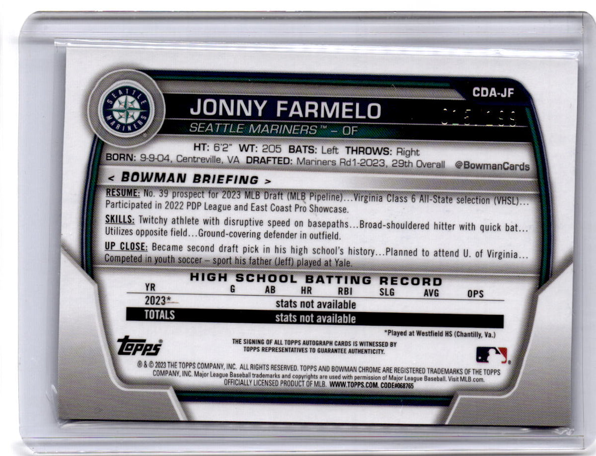 2023 Bowman Draft Jonny Farmelo Chrome Prospect Autographs Aqua Lava /199