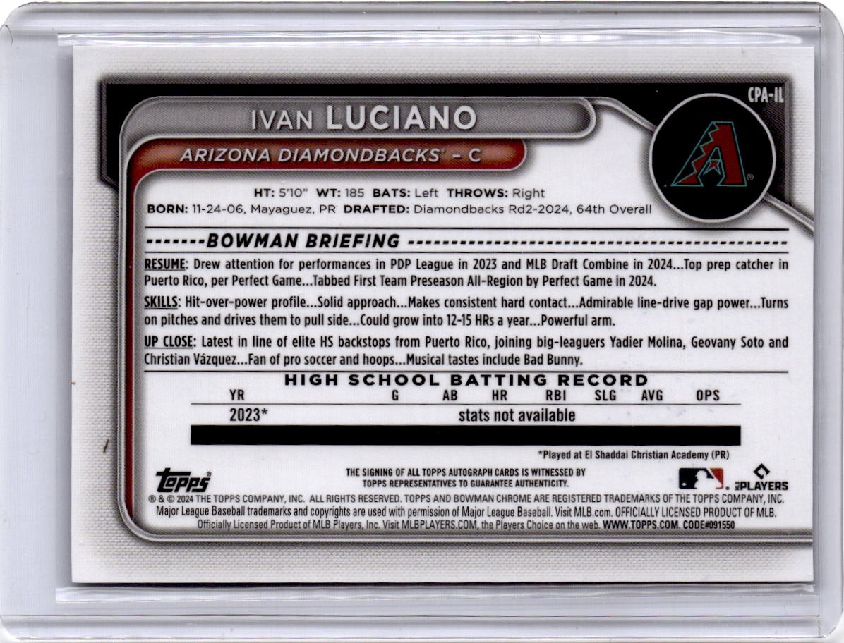 2024 Bowman Draft Ivan Luciano Chrome Prospect Autographs Speckle Refractor /71