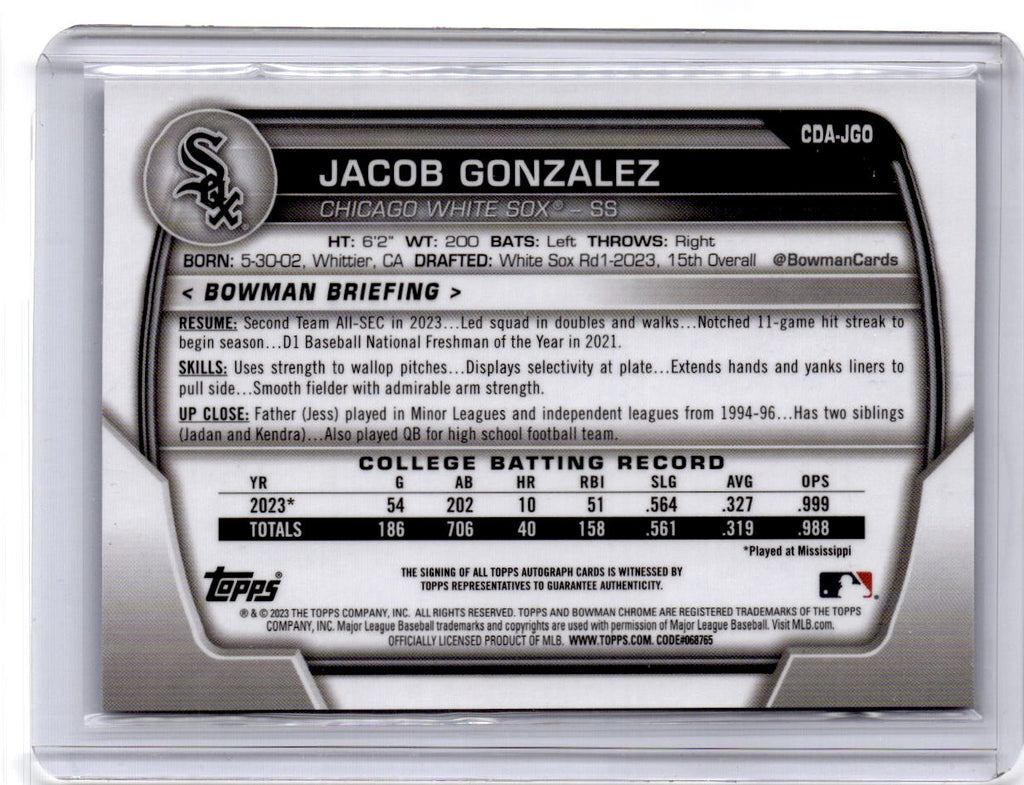 2023 Bowman Draft #CDA-JGO Jacob Gonzalez Chrome Prospect Autographs