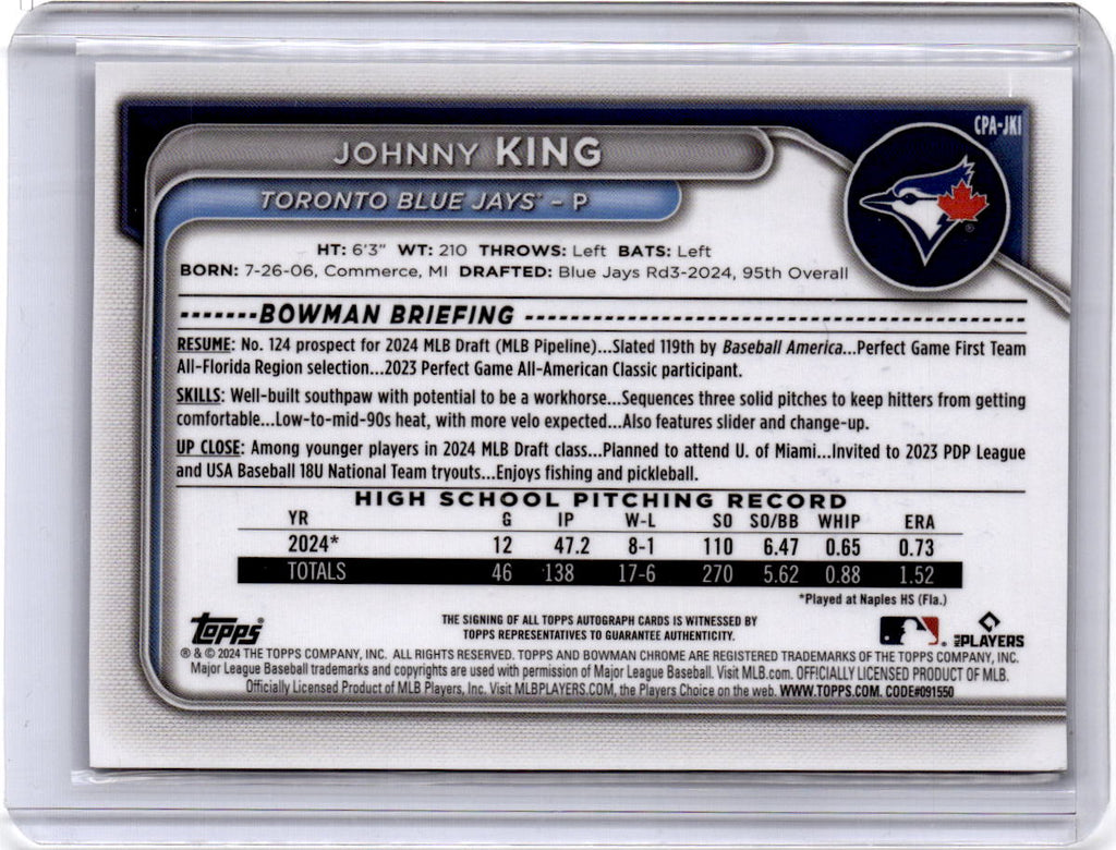 2024 Bowman Draft #CPA-JKI Johnny King Chrome Prospect Autographs