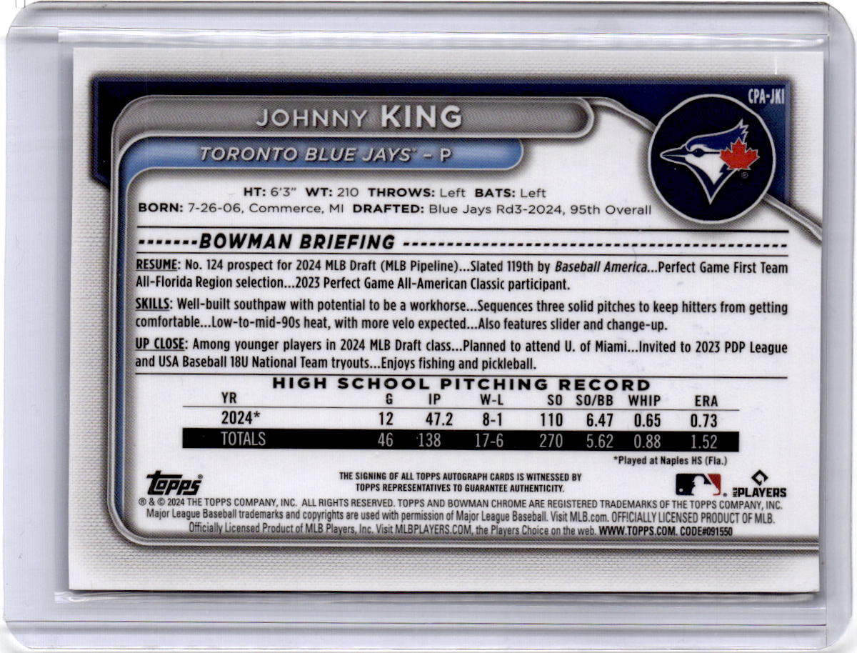 2024 Bowman Draft #CPA-JKI Johnny King Chrome Prospect Autographs