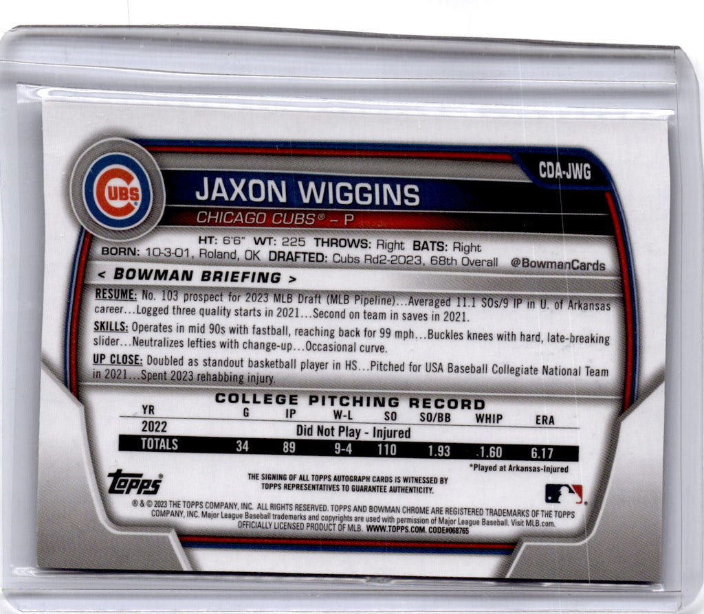 2023 Bowman Draft #CDA-JWG Jaxon Wiggins Chrome Prospect Autographs
