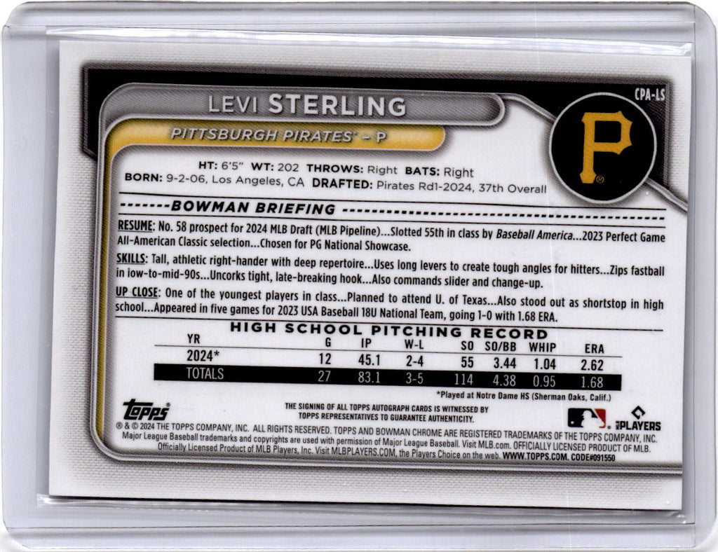 2024 Bowman Draft #CPA-LS Levi Sterling Chrome Prospect Autographs