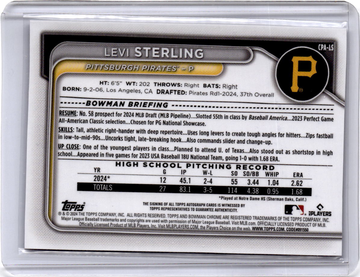 2024 Bowman Draft #CPA-LS Levi Sterling Chrome Prospect Autographs