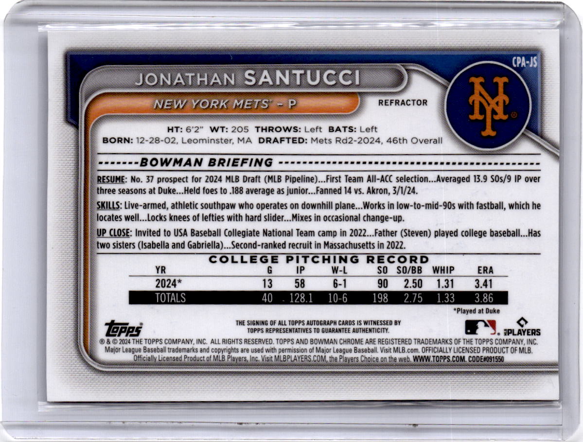 2024 Bowman Draft Jonathan Santucci Chrome Prospect Autographs Refractor /499