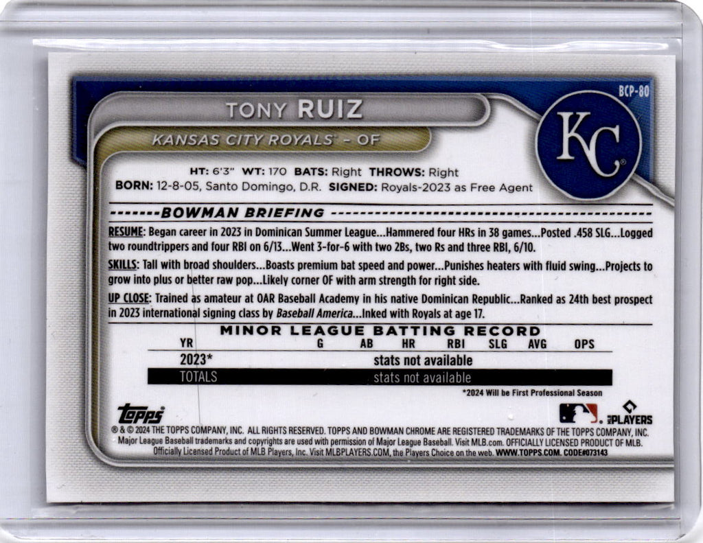 2024 Bowman #BCP-80 Tony Ruiz Chrome Prospects Black Refractors #/10