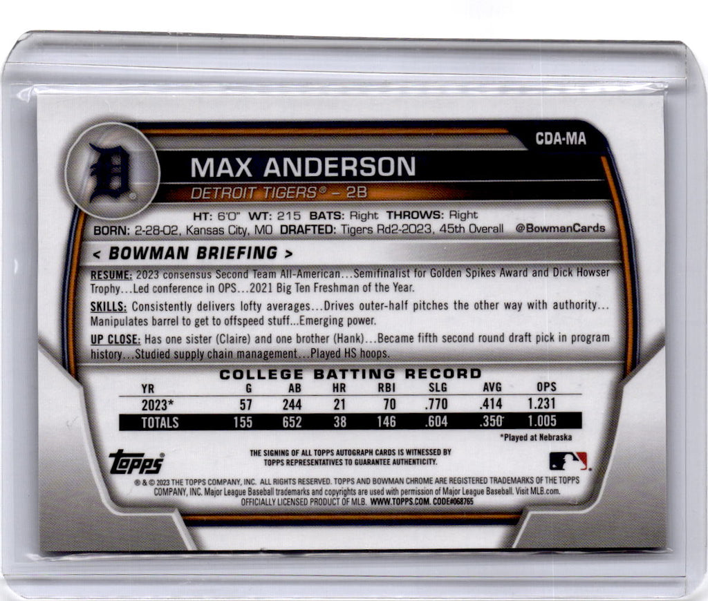2023 Bowman Draft #CDA-MA Max Anderson Chrome Prospect Autographs