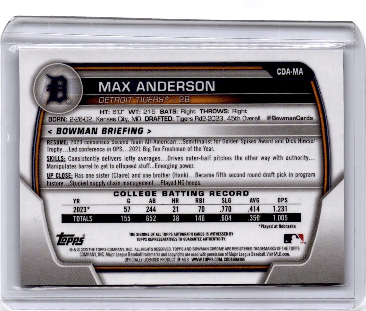 2023 Bowman Draft #CDA-MA Max Anderson Chrome Prospect Autographs