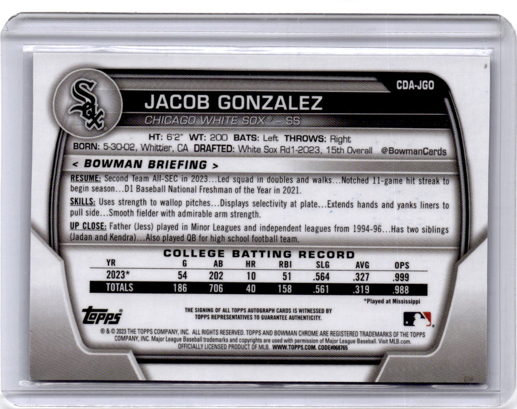 2023 Bowman Draft #CDA-JGO Jacob Gonzalez Chrome Prospect Autographs