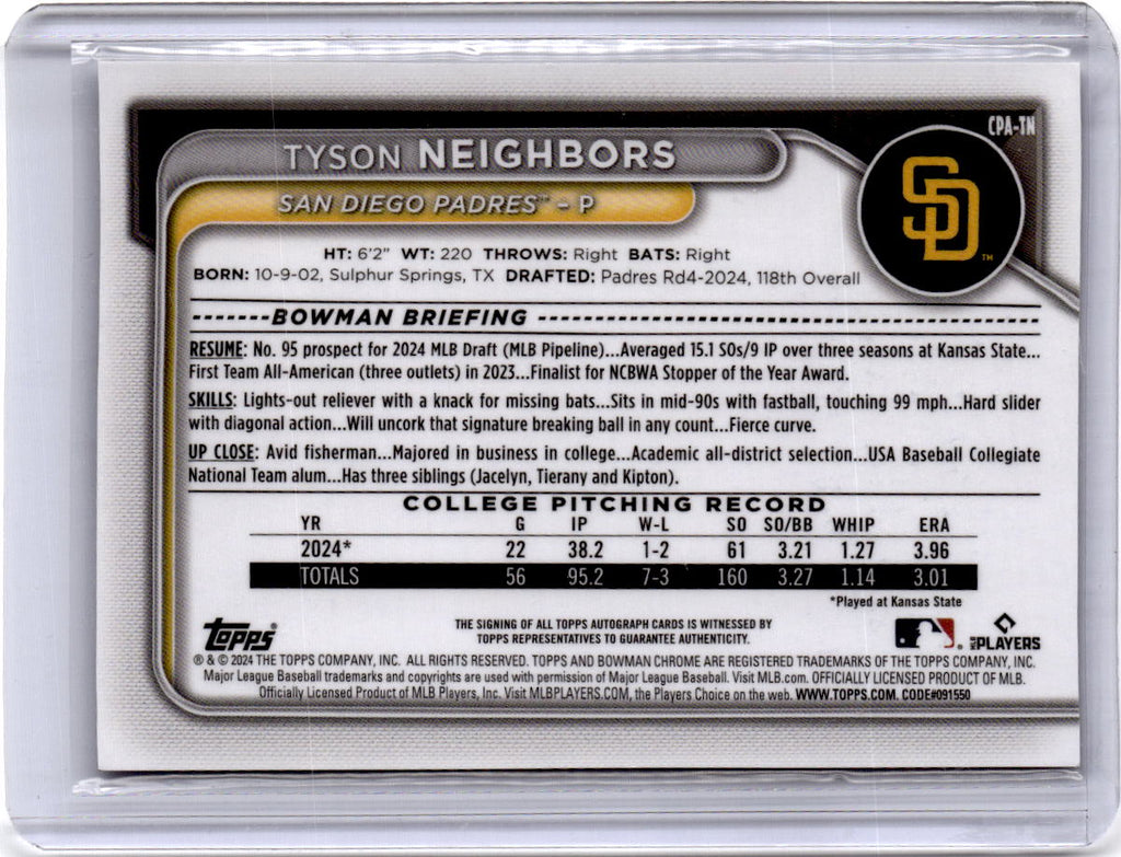 2024 Bowman Draft Tyson Neighbors Chrome Autographs Speckle Refractor /71
