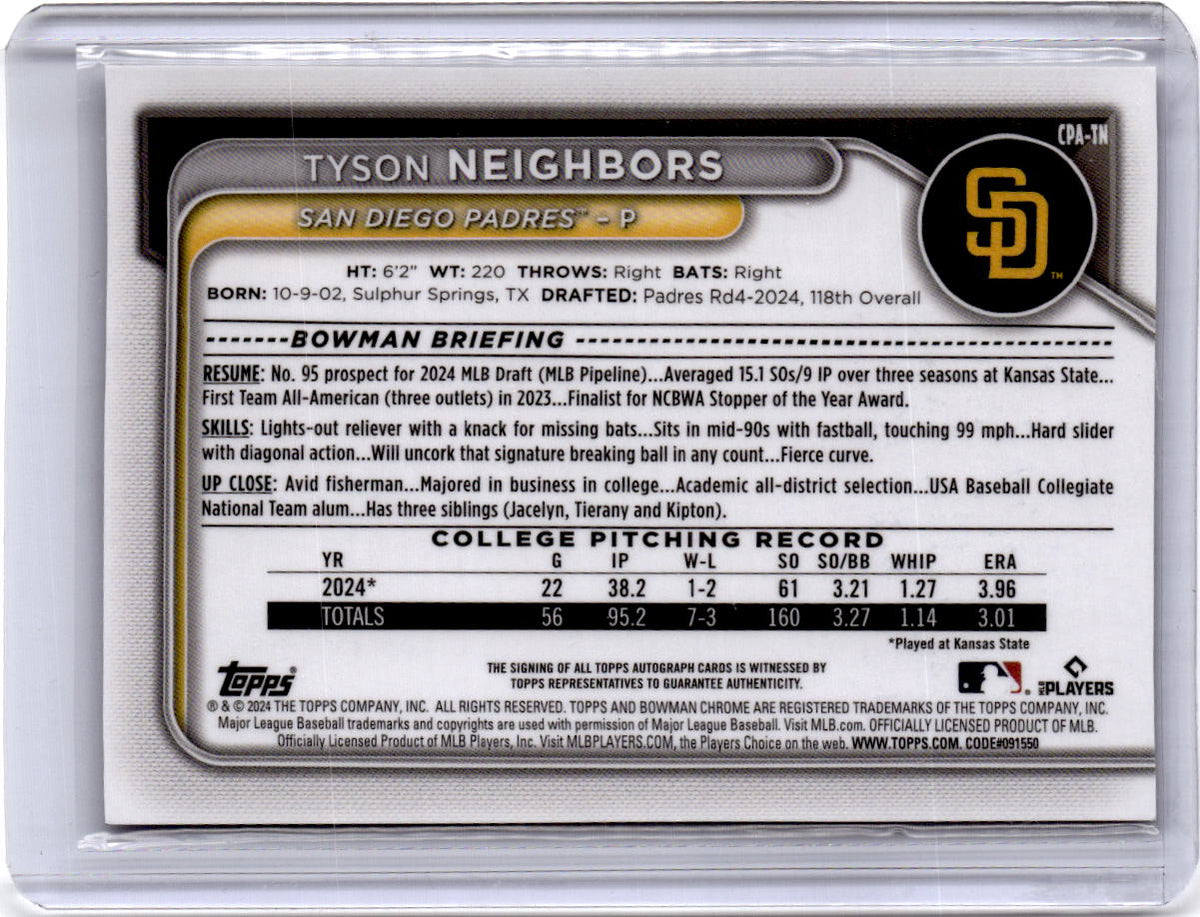 2024 Bowman Draft Tyson Neighbors Chrome Autographs Speckle Refractor /71