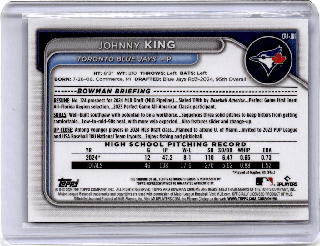 2024 Bowman Draft  Johnny King Chrome Prospect Autographs Blue Refractor /150