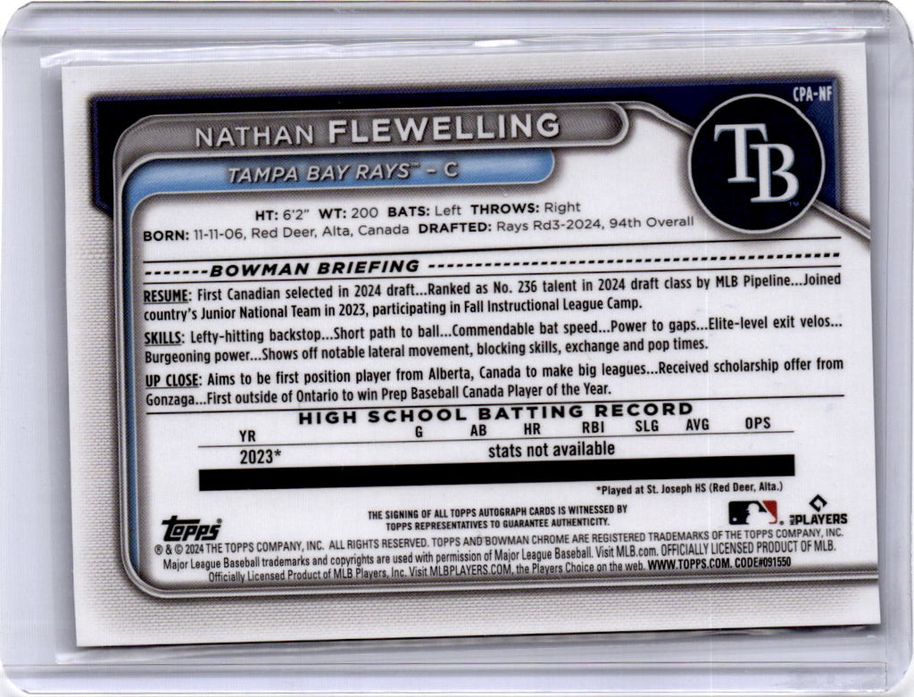 2024 Bowman Draft #CPA-NF Nathan Flewelling Chrome Prospect Autographs