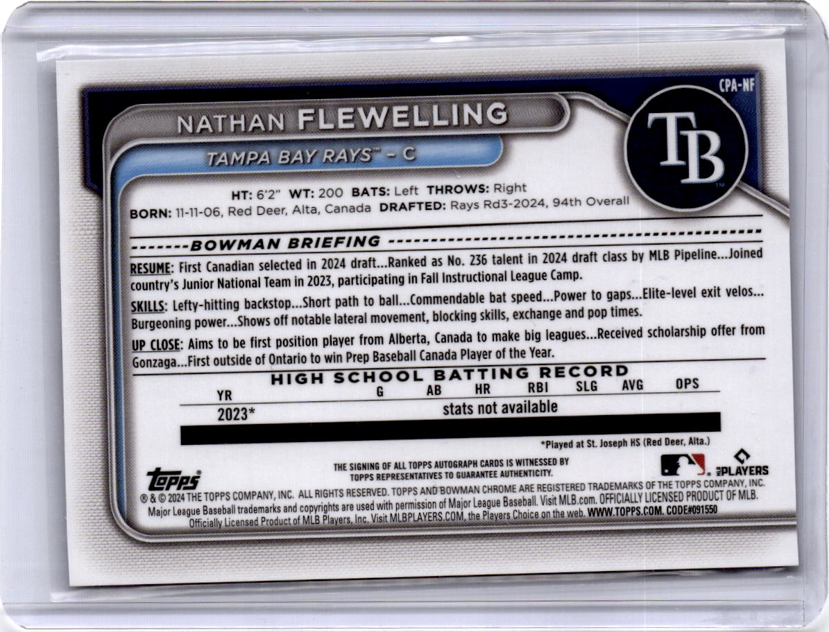 2024 Bowman Draft #CPA-NF Nathan Flewelling Chrome Prospect Autographs