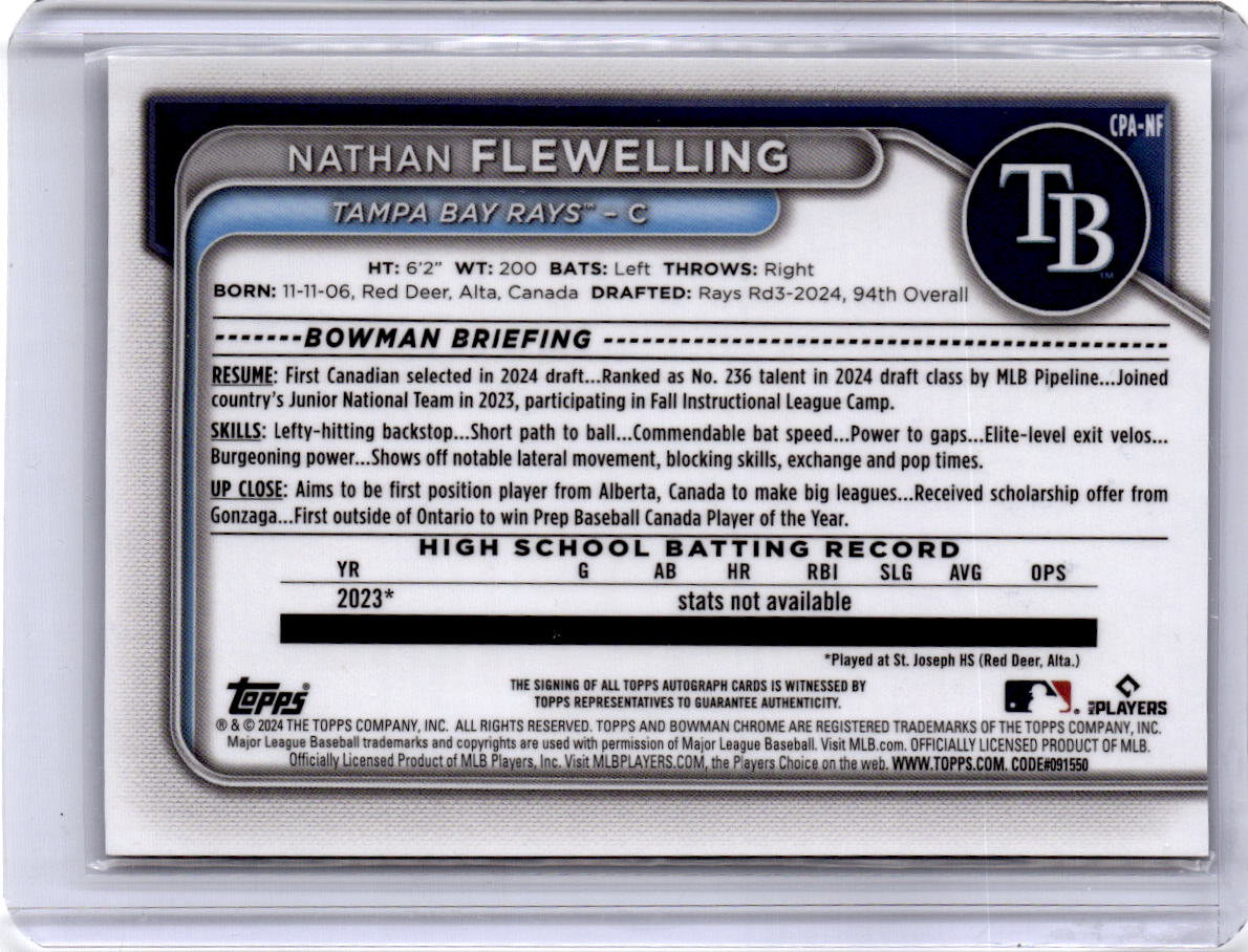 2024 Bowman Draft #CPA-NF Nathan Flewelling Chrome Prospect Autographs