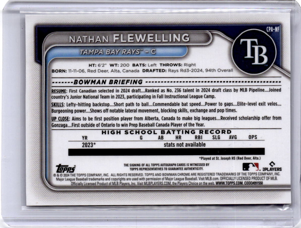 2024 Bowman Draft #CPA-NF Nathan Flewelling Chrome Prospect Autographs
