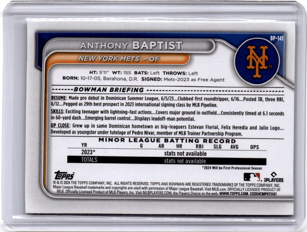 2024 Bowman #BP-141 Anthony Baptist Prospects Neon Green #/399