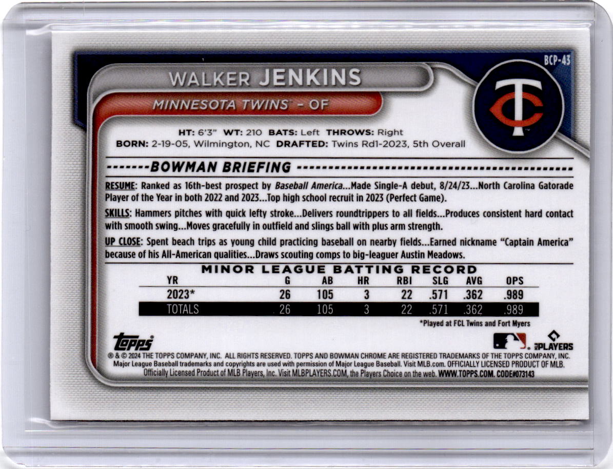 2024 Bowman #BCP-43 Walker Jenkins Chrome Prospects Speckle Refractors #/299