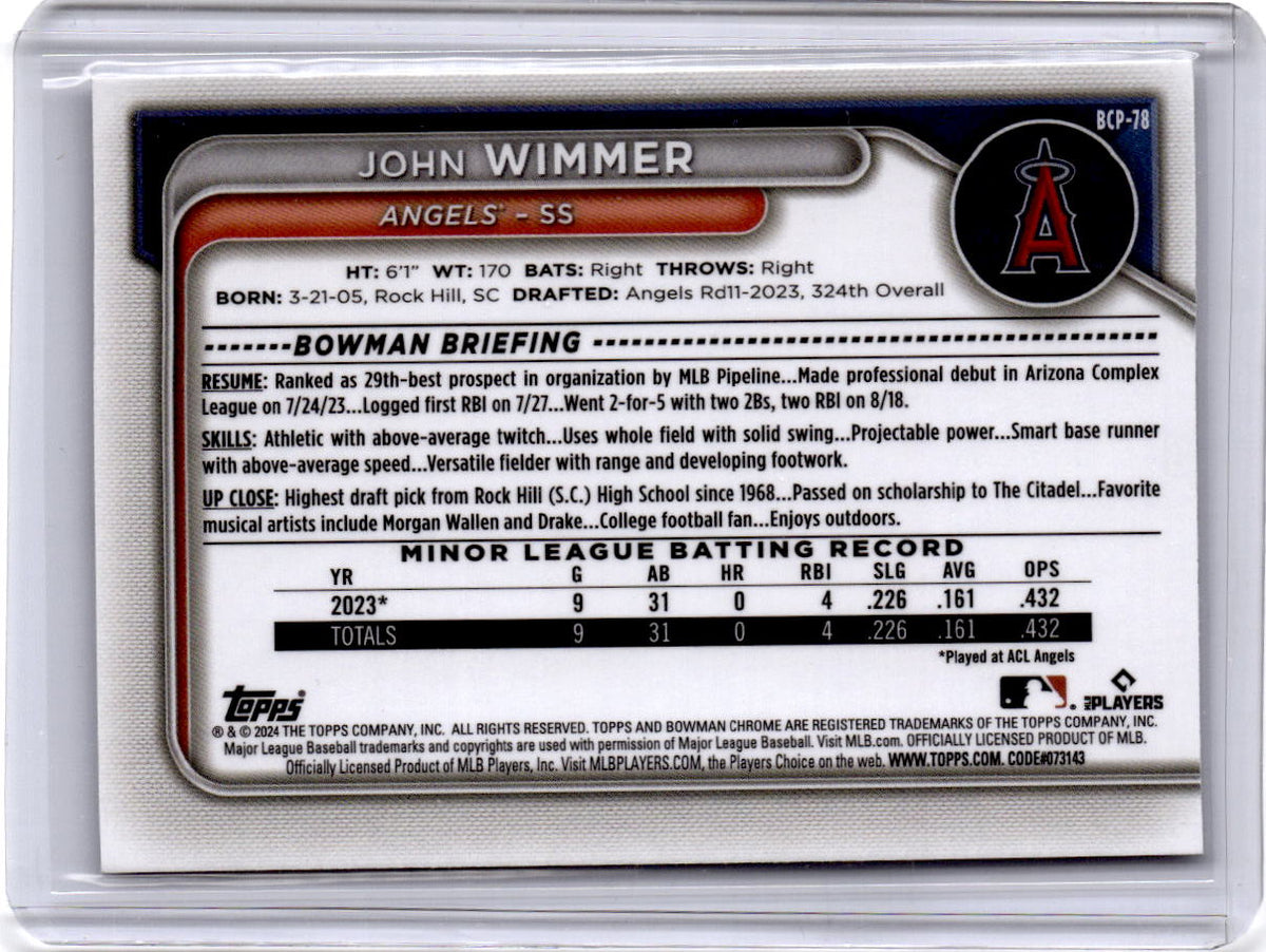 2024 Bowman #BCP-78 John Wimmer Chrome Prospects