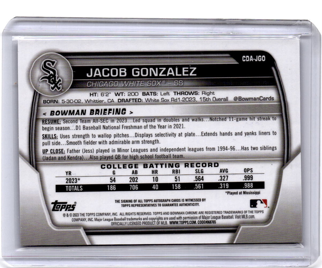 2023 Bowman Draft #CDA-JGO Jacob Gonzalez Chrome Prospect Autographs