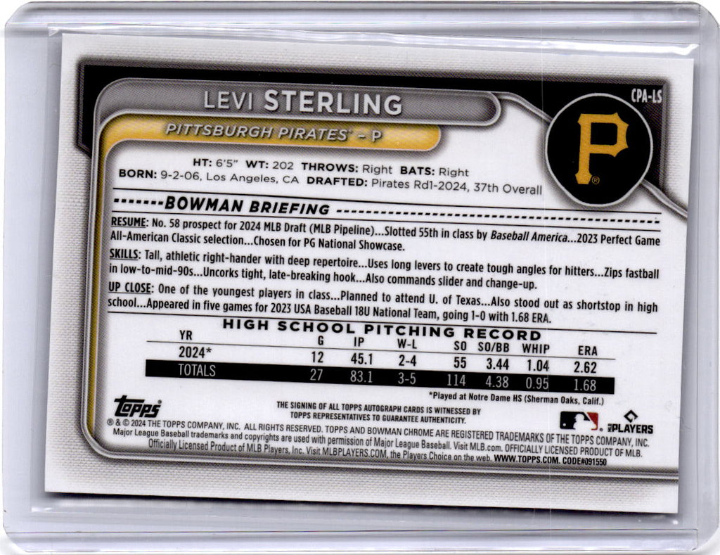 2024 Bowman Draft #CPA-LS Levi Sterling Chrome Prospect Autographs