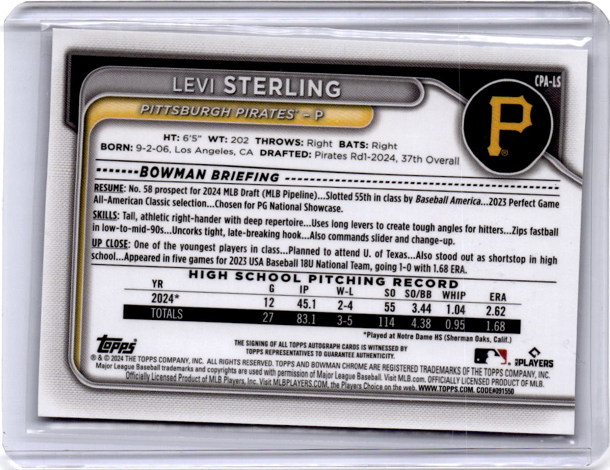 2024 Bowman Draft #CPA-LS Levi Sterling Chrome Prospect Autographs