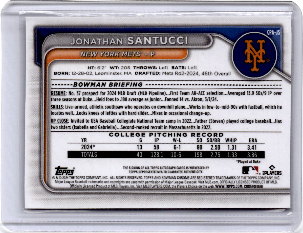 2024 Bowman Draft #CPA-JS Jonathan Santucci Chrome Prospect Autographs