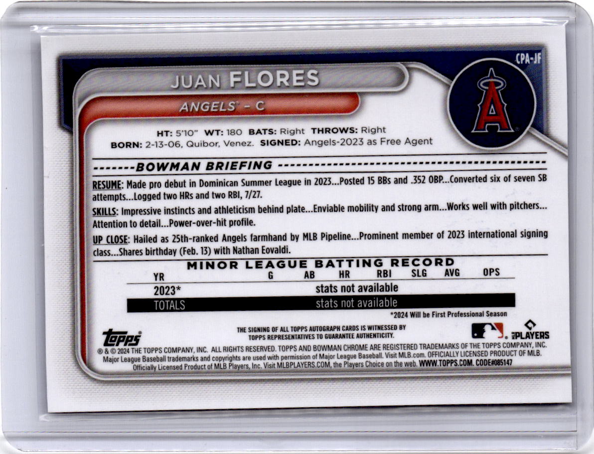 2024 Bowman Chrome Juan Flores Prospect Autographs Blue lava Refractors /150