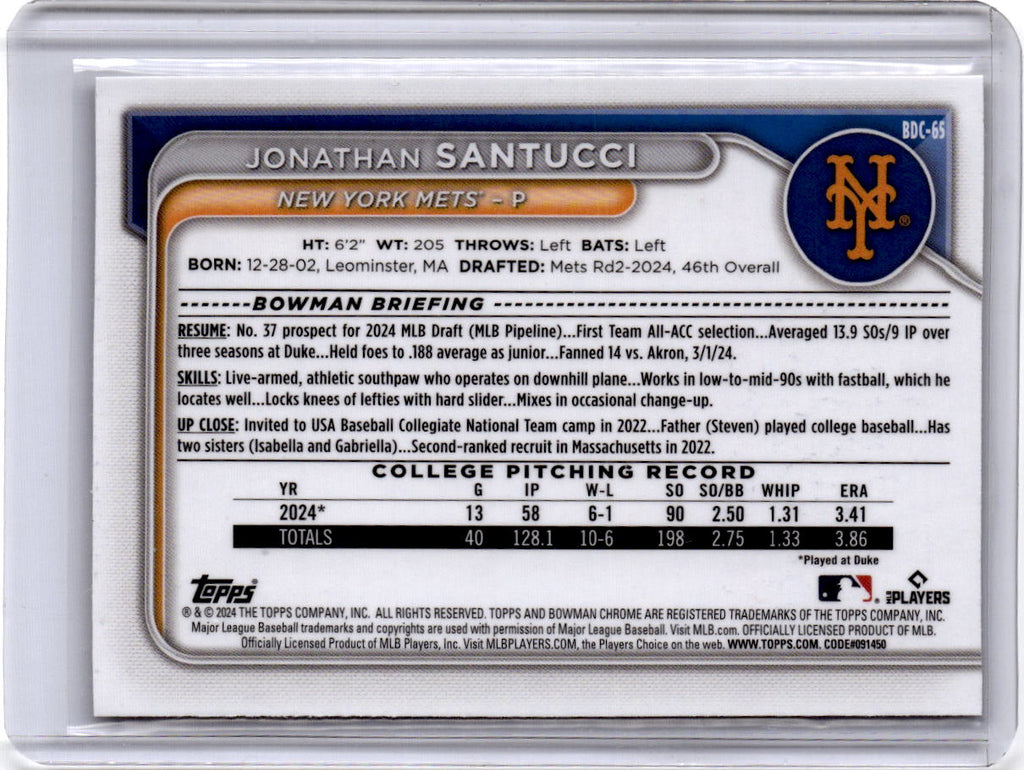 2024 Bowman Draft Sapphire Edition #BDC-65 Jonathan Santucci Gold #/50
