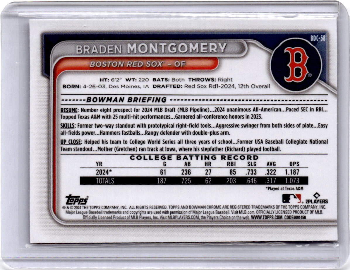 2024 Bowman Draft #BDC-58 Braden Montgomery Chrome Fuchsia Lunar Refractor #/199