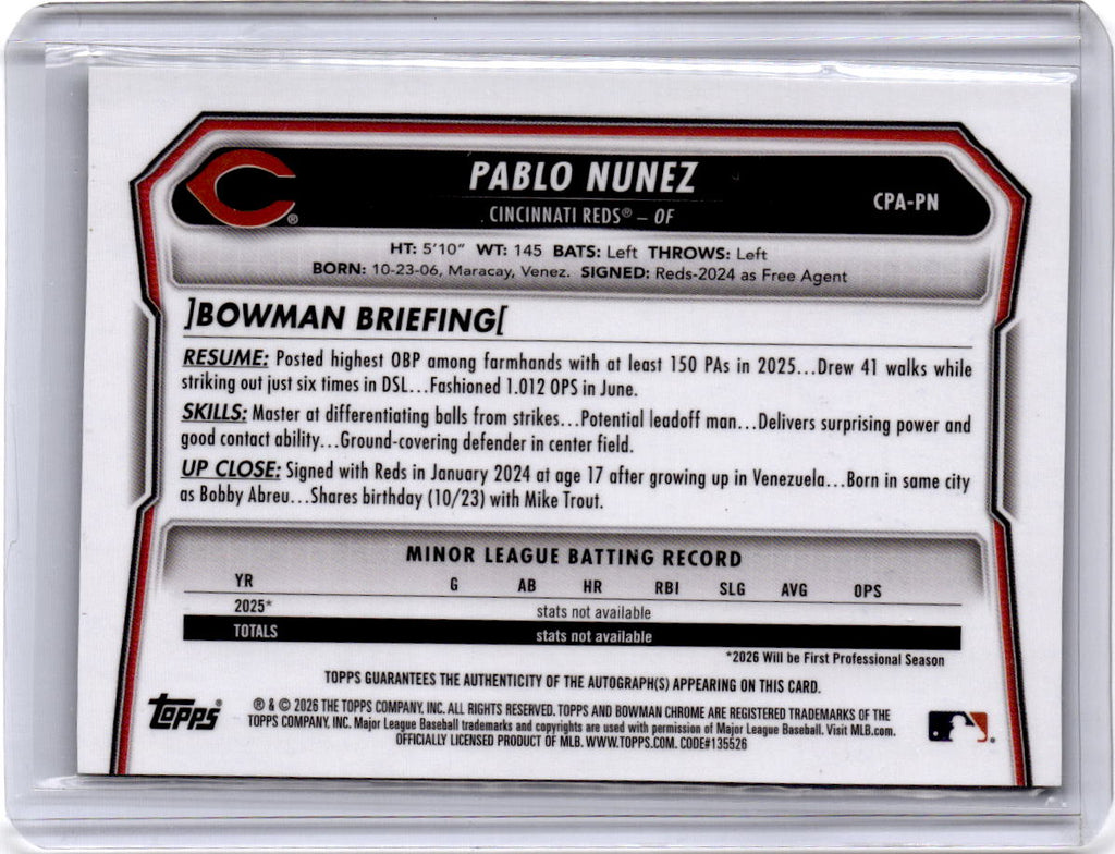 2026 Bowman #CPA-PN Pablo Nunez Chrome Prospect Autographs Green Refractors /99