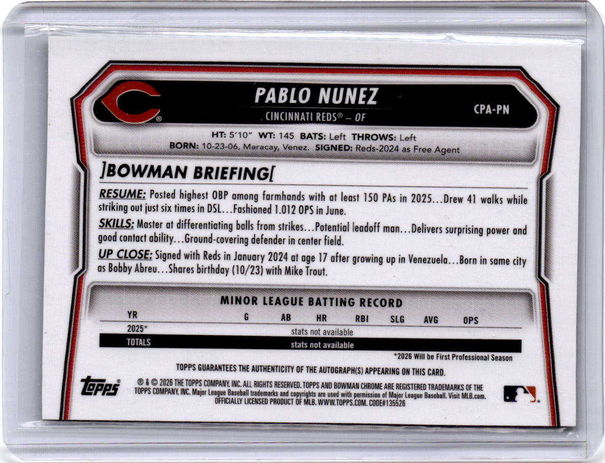 2026 Bowman #CPA-PN Pablo Nunez Chrome Prospect Autographs Green Refractors /99