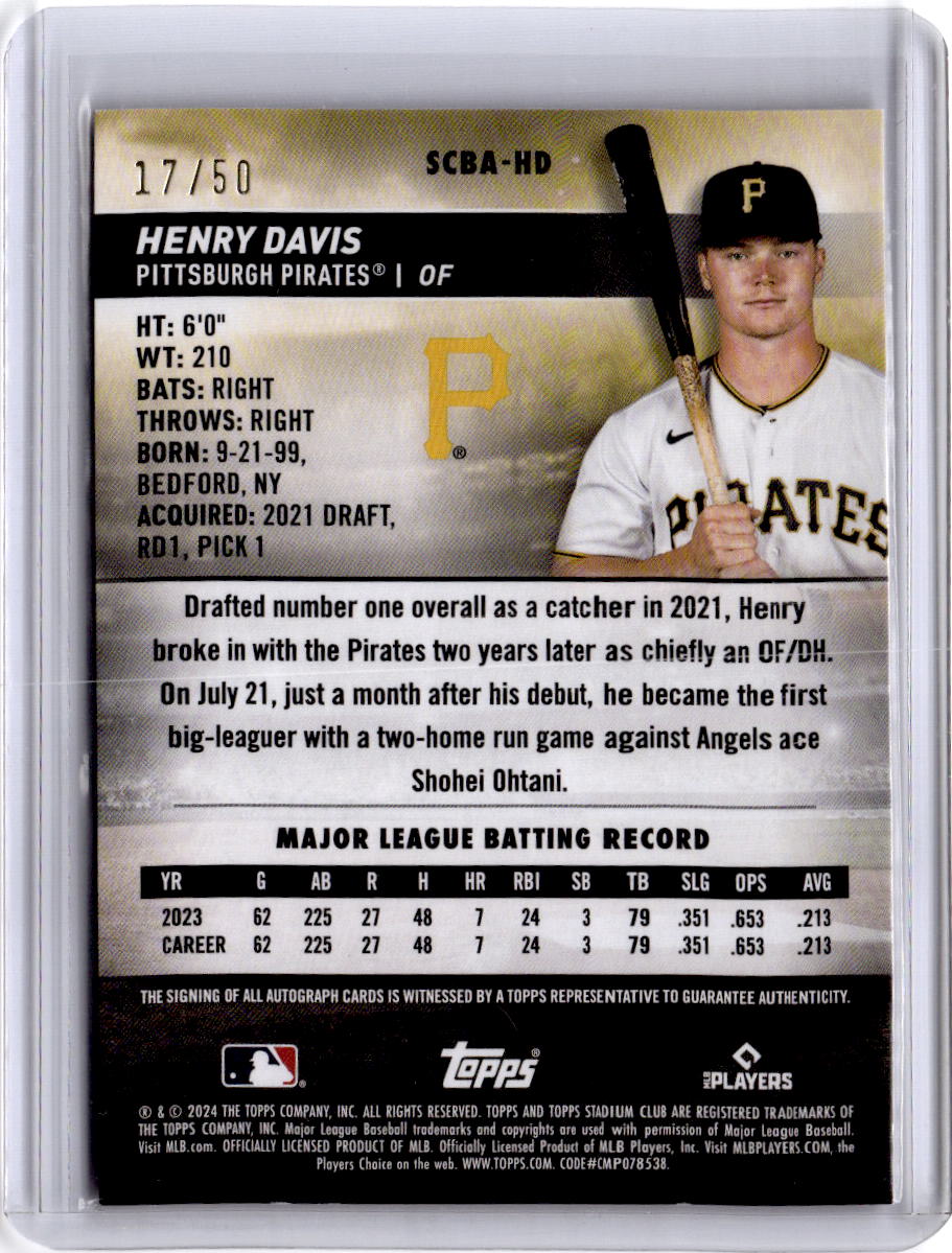 2024 Stadium Club #SCBA-HD Henry Davis Autographs Red Foil #/50
