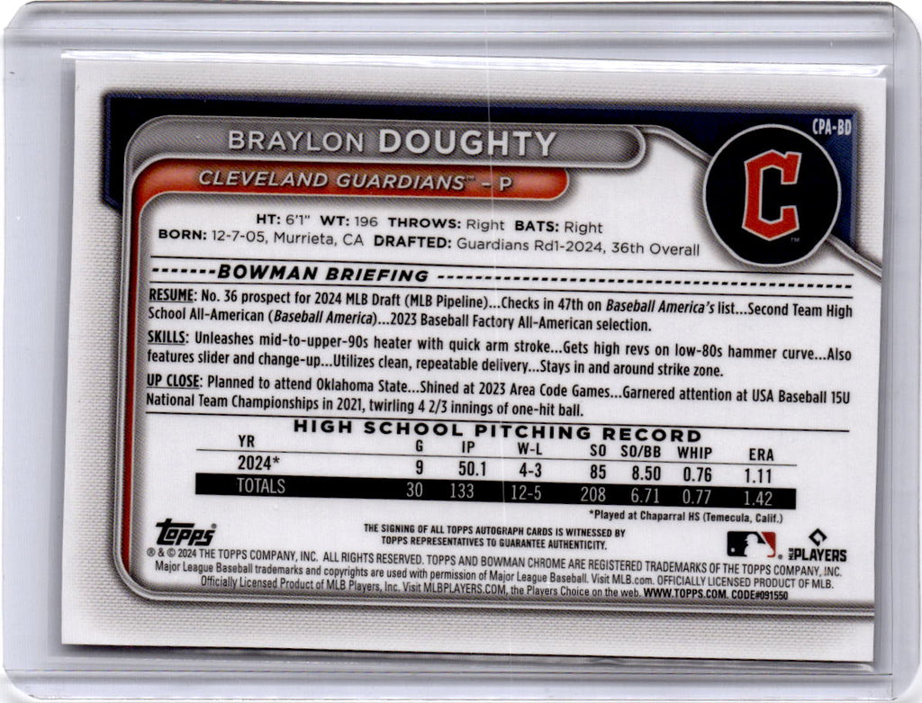 2024 Bowman Draft #CPA-BD Braylon Doughty Chrome Prospect Autographs
