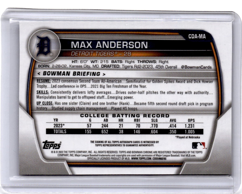 2023 Bowman Draft #CDA-MA Max Anderson Chrome Prospect Autographs