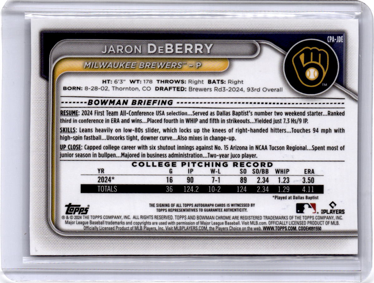 2024 Bowman Draft Jaron DeBerry Chrome Autographs Blue Wave Refractor /150