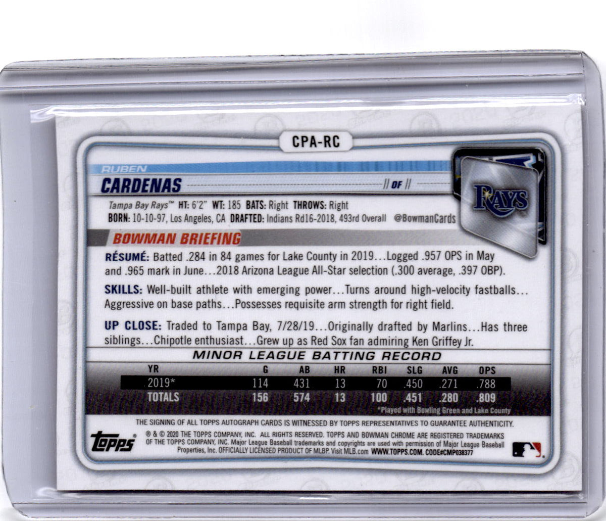 2020 Bowman Ruben Cardenas Chrome Prospects Orange Shimmer Refractor #/25