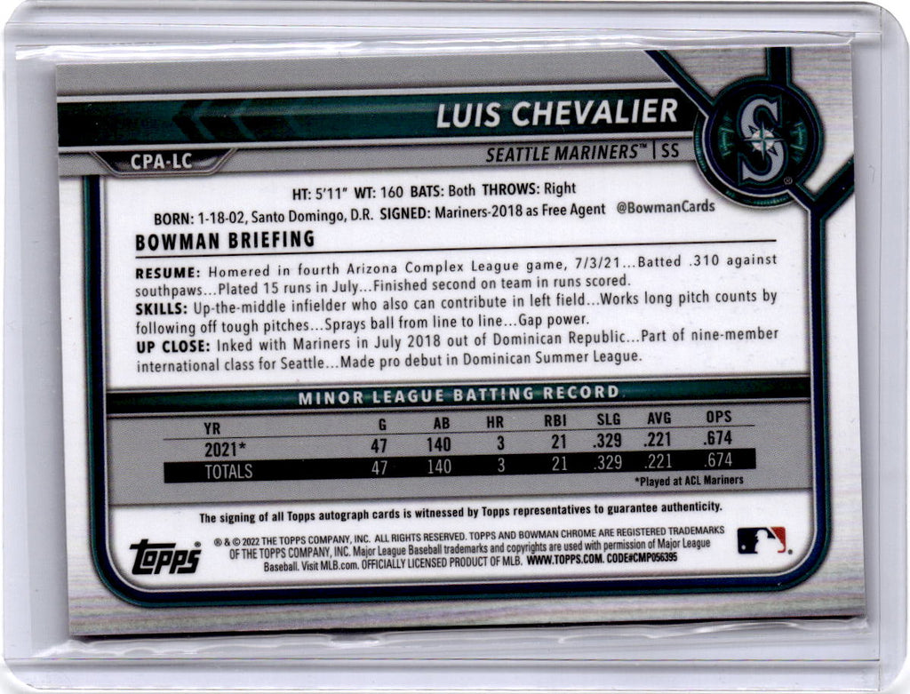 2022 Bowman Chrome #CPA-LC Luis Chevalier Prospect Autographs Red Refractor /5