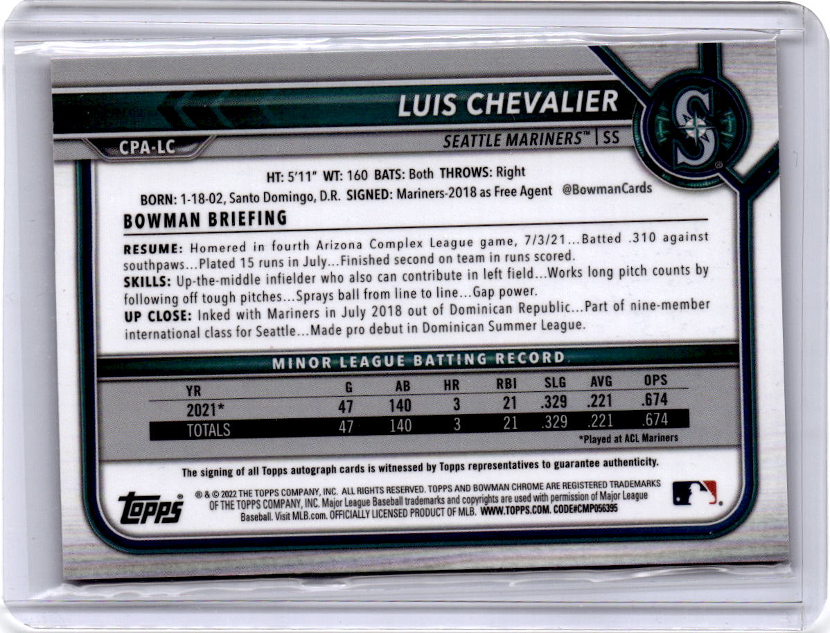 2022 Bowman Chrome #CPA-LC Luis Chevalier Prospect Autographs Red Refractor /5