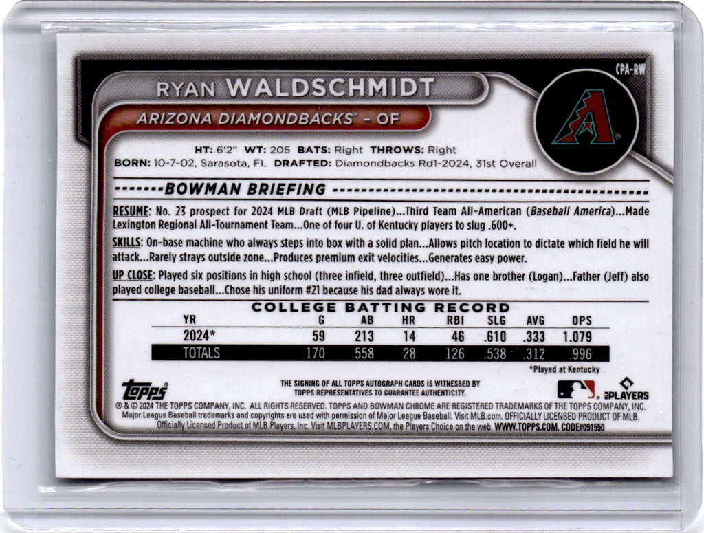 2024 Bowman Draft  Ryan Waldschmidt Chrome Mojo refractor Autographs /150