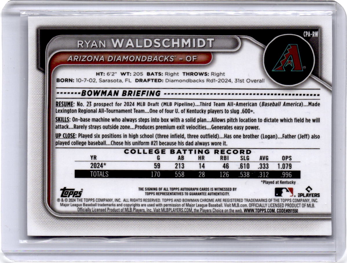 2024 Bowman Draft  Ryan Waldschmidt Chrome Mojo refractor Autographs /150