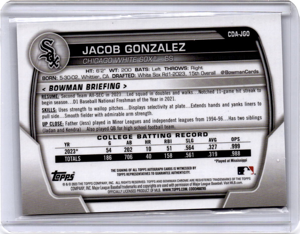 2023 Bowman Draft #CDA-JGO Jacob Gonzalez Chrome Prospect Autographs