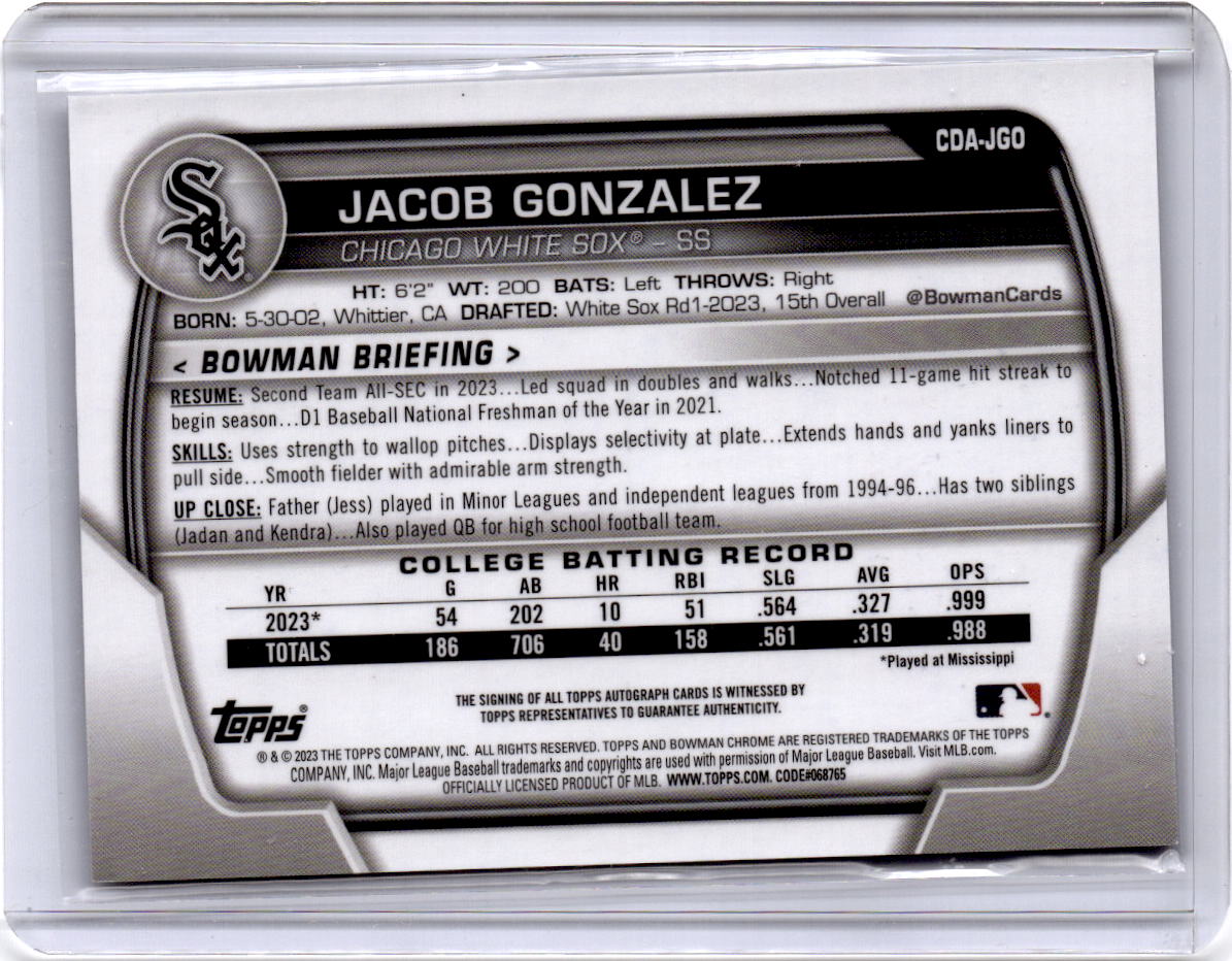 2023 Bowman Draft #CDA-JGO Jacob Gonzalez Chrome Prospect Autographs