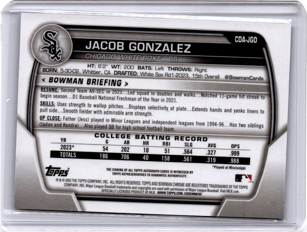 2023 Bowman Draft #CDA-JGO Jacob Gonzalez Chrome Prospect Autographs