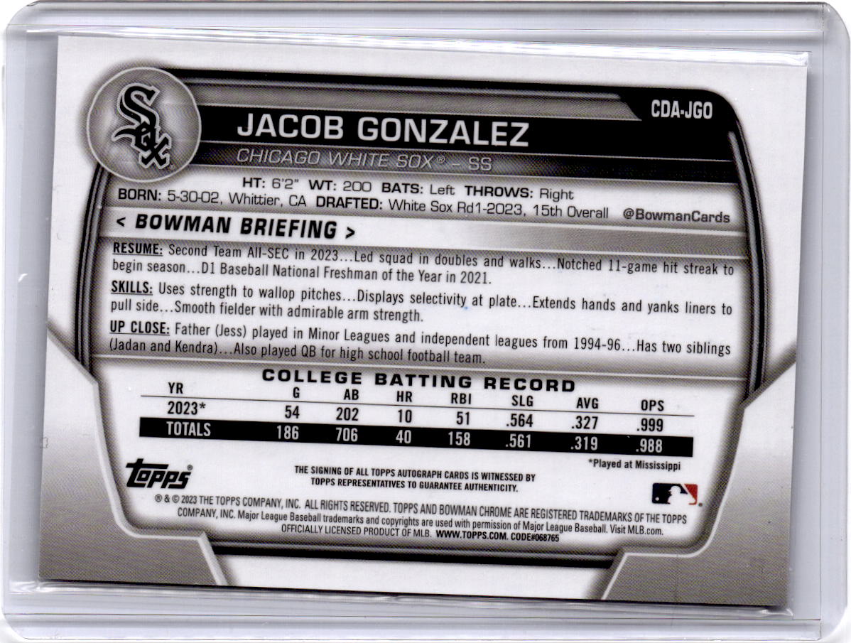 2023 Bowman Draft #CDA-JGO Jacob Gonzalez Chrome Prospect Autographs
