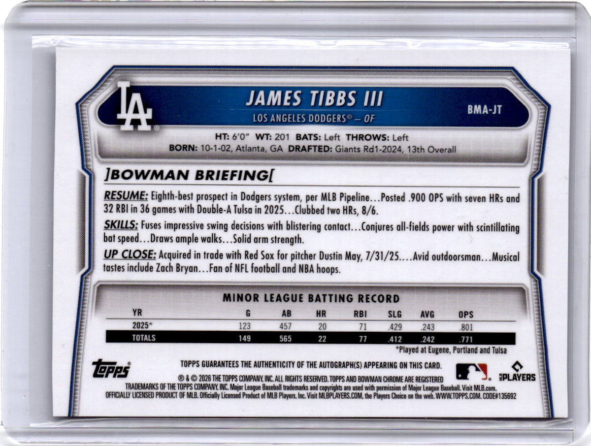 2025 Bowman #BMA-JT James Tibbs III Chrome Prospect Autographs Mojo Refractor