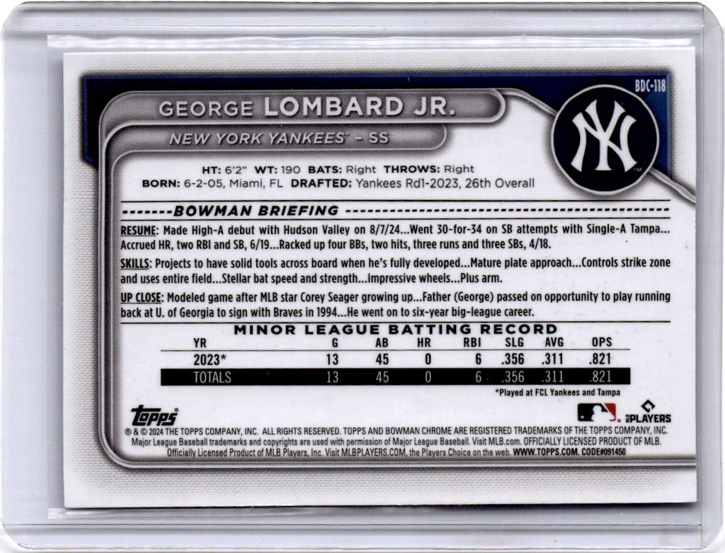 2024 Bowman Draft #BDC-118 George Lombard Jr. Chrome Sparkles Refractor #/200