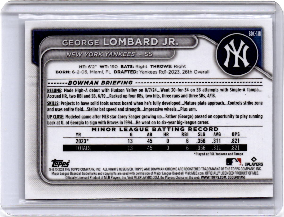 2024 Bowman Draft #BDC-118 George Lombard Jr. Chrome Sparkles Refractor #/200