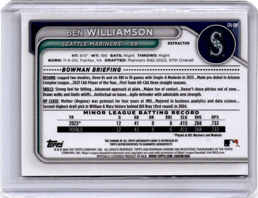 2024 Bowman #CPA-BWI Ben Williamson Chrome Prospect Autographs Refractors /499
